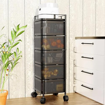 Livzing 5-Layer 360° Revolving Kitchen Storage Trolley with Wheels | Kitchen Trolley Organizer | Kitchen Trolley Storage Rack | Metal Trolley for Kitchen Storage & Vegetables