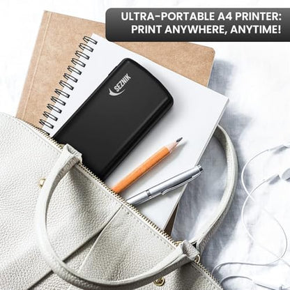 SEZNIK Portable A4 Printer, Bluetooth, Inkless Thermal Printer | USB, Bluetooth Compatible with Android iOS Laptop | 1 Year Warranty (Lite-203DPI-Black)