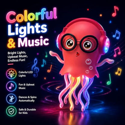 Dancing Jellyfish Toy for Kids with Music, LED Lights & 360° Bump-and-Go Action | Battery Operated Dancing Octopus Toy with Obstacle Sensor | Cute Jelly Fish Toys for Kids (Random Colour)