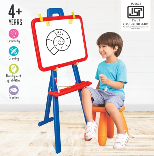 Amazon Brand - Jam & Honey 5-in-1 Kids Easel Board 4+ Years, Double-Sided Magnetic Whiteboard & Chalkboard with Alphabets & Numbers, Educational Art Learning Toy, BIS Certified Child Safe, Blue & Red