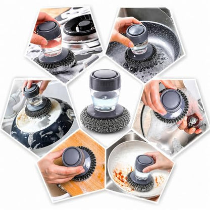 BELIKO 2-in-1 Soap Dispensing Palm Brush | Dishwashing Scrubber with Liquid Dispenser, Replaceable Steel Wire Ball & Sponge | Non-Slip Handle, Kitchen Cleaning Brush for Pots, Pans & Sink (1)