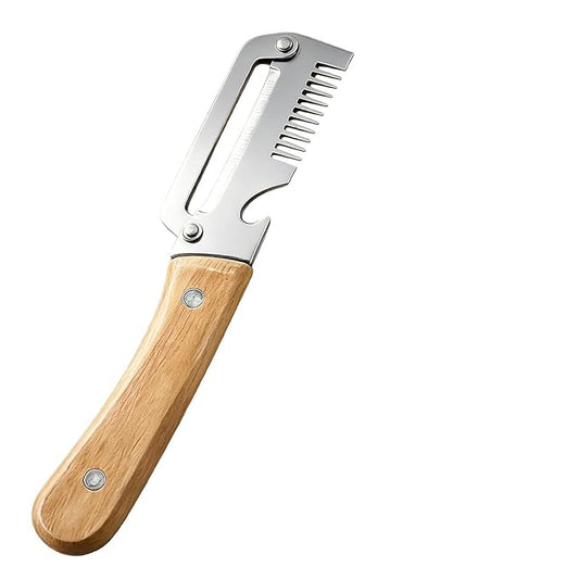 Vegetable Peeler with Wooden Handle, Stainless Steel Wide Blade Potato and Carrot Peeler, 3-in-1 Veggie Peeler with Scallion Shredder and Bottle Opener for Kitchen, Camping and Travel