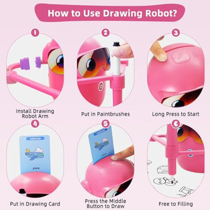 ADKD Interactive Kids Drawing Robot Toy | Early Educational Learning Assistant with 100 Flash Cards & 2 Pens, Step-by-Step Drawing, Fun Creativity Booster for Boys & Girls (Pink)