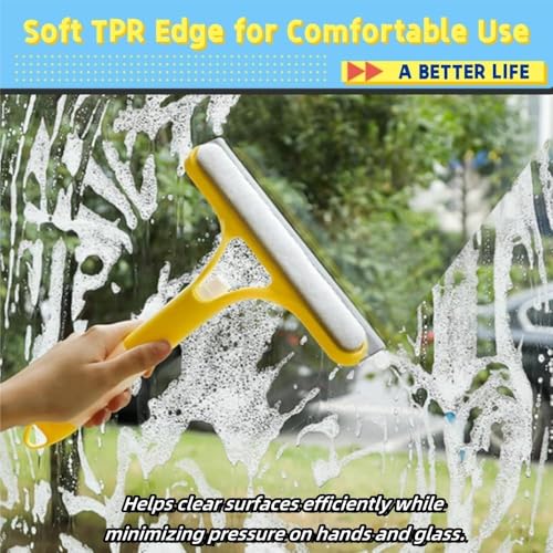 3-in-1 Window Cleaning Scraper with Spray Squeegee | Glass Cleaner Tool with Spray Bottle & Replaceable Sponge | Multifunctional Window Wiper for Home, Car, Bathroom & Mirrors (Yellow)