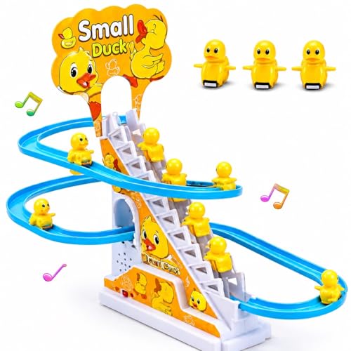KmCho Duck Track Toy for Kids, Automatic Stair Climbing Duck Set with Flashing LED Lights & Music, Cartoon Duck Escalator Race Track Toy, Educational Battery Operated Toy for Boys & Girls