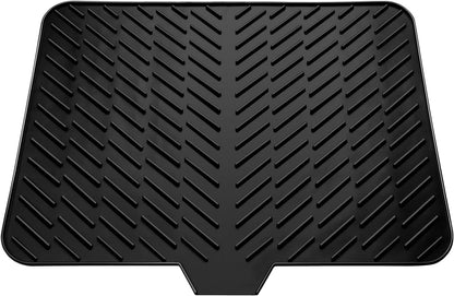 Fayleeko Silicone Dish Drying Mat for Kitchen Counter Heat Resistant, Non-Slip, Built-in Drain Lip Kitchen Sink Mat 23×17 inch (Black, Large)