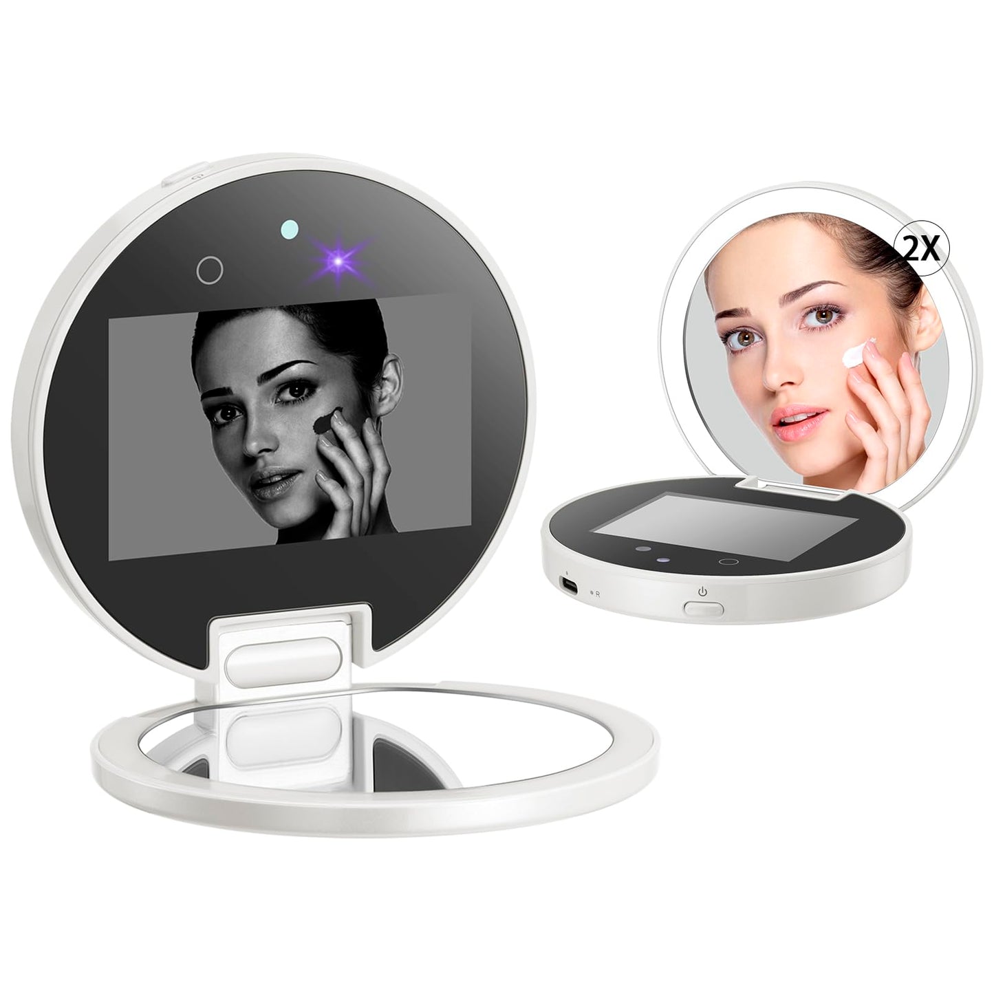 Compact Smart UV Camera UV Mirror for Sunscreen Test, 3 Inch Travel Makeup Mirror with lights and magnification ,Rechargeable Handheld Double-Sided Pocket Mirror for Skin Protection (Clear White)