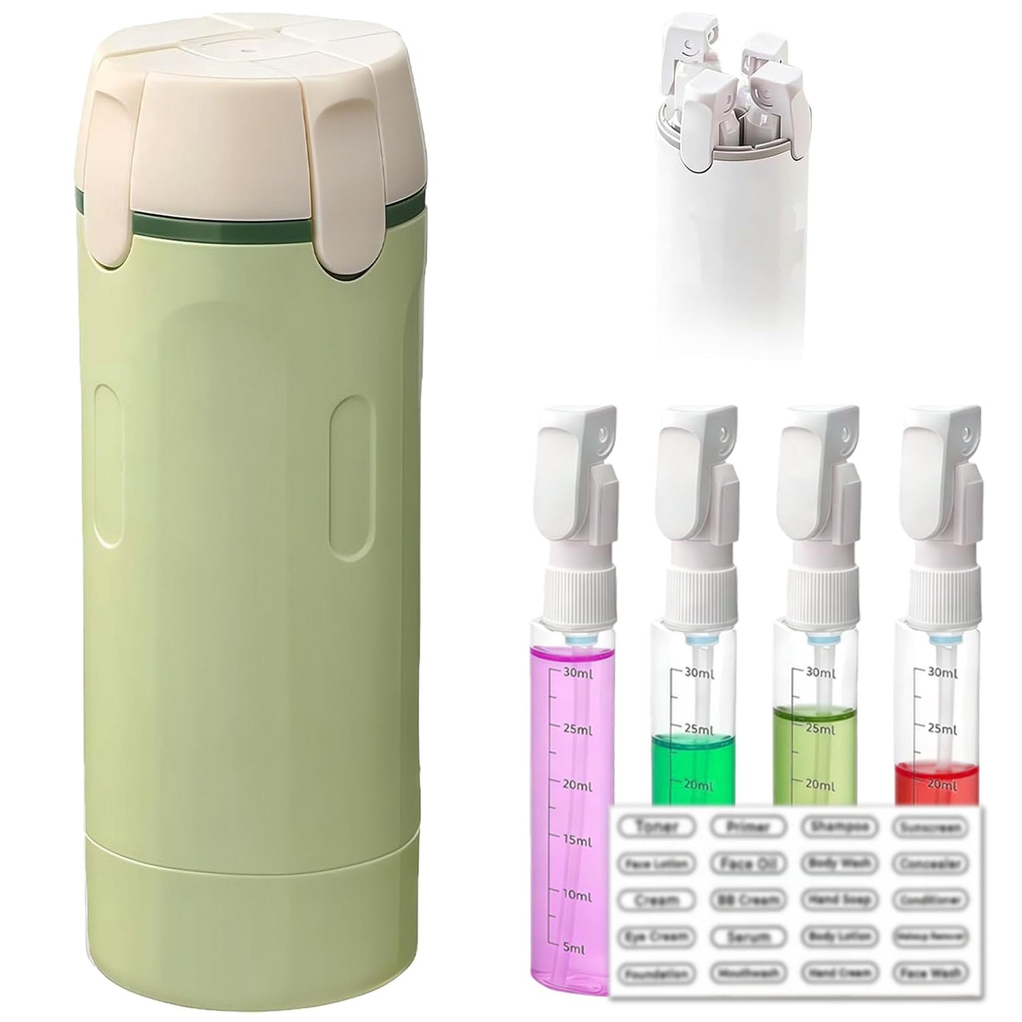 4 in 1 Travel Pump Dispenser Bottle, 30ml, 4 Pack Leakproof Pump Containers with Measuring Scale and Label Stickers, Portable Bottles for Toiletries, Shower and Travel, Green