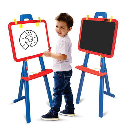 Amazon Brand - Jam & Honey 5-in-1 Kids Easel Board 4+ Years, Double-Sided Magnetic Whiteboard & Chalkboard with Alphabets & Numbers, Educational Art Learning Toy, BIS Certified Child Safe, Blue & Red