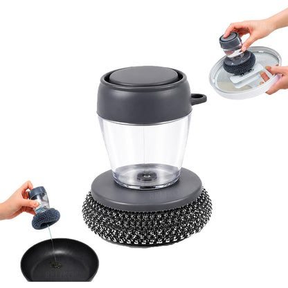 BELIKO 2-in-1 Soap Dispensing Palm Brush | Dishwashing Scrubber with Liquid Dispenser, Replaceable Steel Wire Ball & Sponge | Non-Slip Handle, Kitchen Cleaning Brush for Pots, Pans & Sink (1)