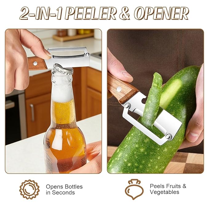 Vegetable Peeler with Wooden Handle, Stainless Steel Wide Blade Potato and Carrot Peeler, 3-in-1 Veggie Peeler with Scallion Shredder and Bottle Opener for Kitchen, Camping and Travel