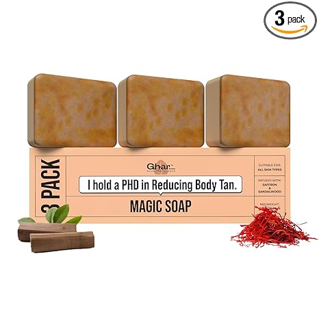 Ghar Soaps Sandalwood & Saffron Magic Soaps For Bath (300 Gms Pack Of 3) | Paraben Free | Chandan & Kesar Bath Soap | Handmade Soaps For Glowing | Skin Brightening Soap For Men & Women