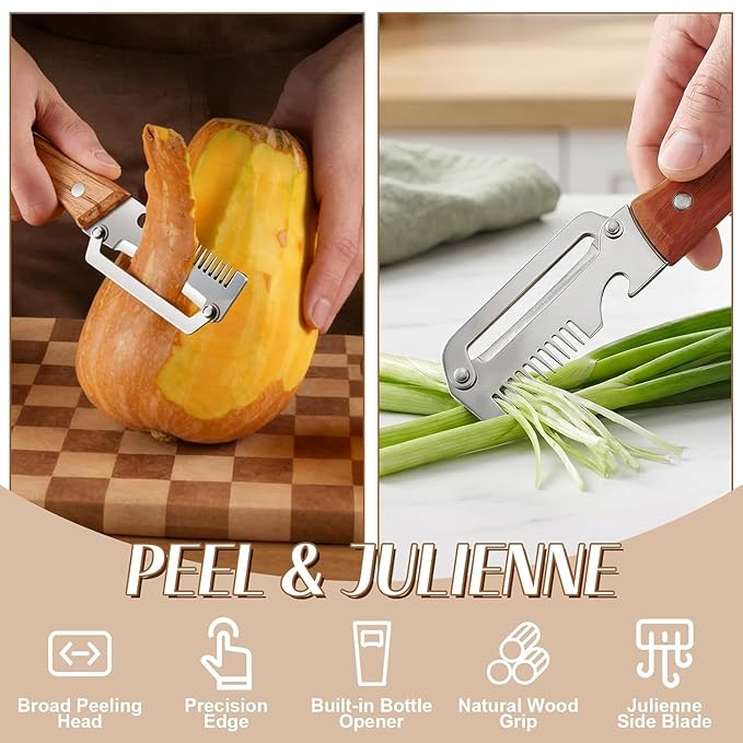 Vegetable Peeler with Wooden Handle, Stainless Steel Wide Blade Potato and Carrot Peeler, 3-in-1 Veggie Peeler with Scallion Shredder and Bottle Opener for Kitchen, Camping and Travel