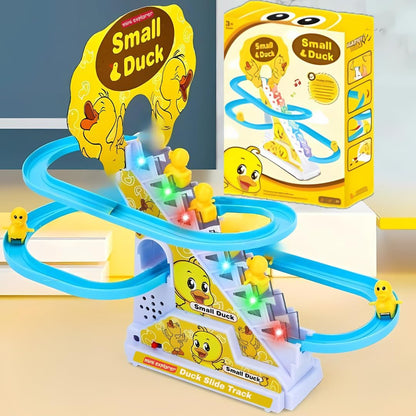 Slide Toy Race Duck Track Set, Funny Automatic Stair-Climbing Ducklings Cartoon Roller Coaster Escalator Toy with Flashing Lights & Music