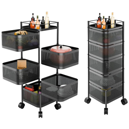 Livzing 5-Layer 360° Revolving Kitchen Storage Trolley with Wheels | Kitchen Trolley Organizer | Kitchen Trolley Storage Rack | Metal Trolley for Kitchen Storage & Vegetables